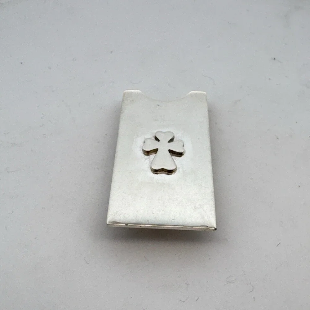 Estate 925 Sterling Silver Clover Cross Rectangular Small Unisex Money Clip